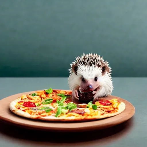 Image similar to still image of a cute hedgehog sitting at a tiny table eating a tiny pizza, photo