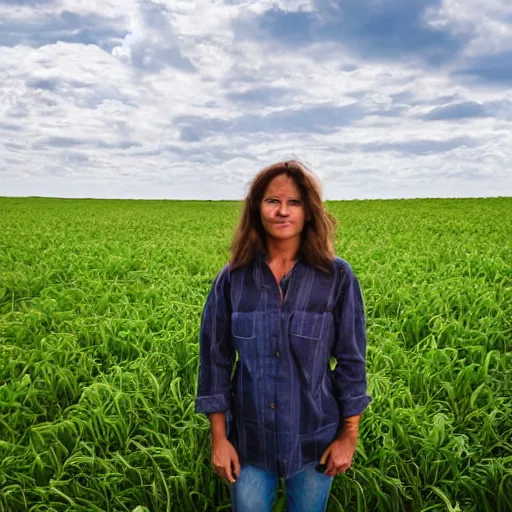 Prompt: portrait, a hardworking female farmer, ragged clothes, standing in a field