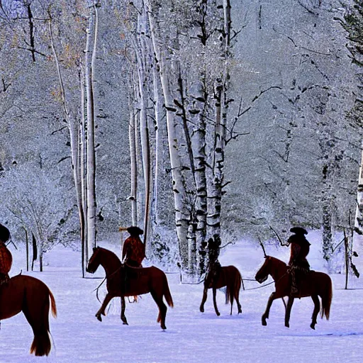 Image similar to digital art photograph savage plains indians on the warpath riding horses through some aspen trees in the snow