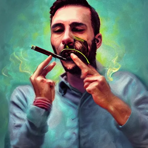 Prompt: smoker. smoke. happiness. impressionism. poster. matt painting. octane render