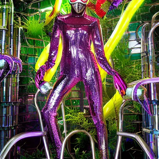 Prompt: hi - fructose mag photo, inside a futuristic detailed alien jungle made out of shiny reflective chrome, futuristic android with limbs made out of stretchy rubber tubing mixed with shiny colorful giant intricate detailed chrome gauntlets and chest piece and discoball mask, wearing a long purple velvet cape, fog and mist