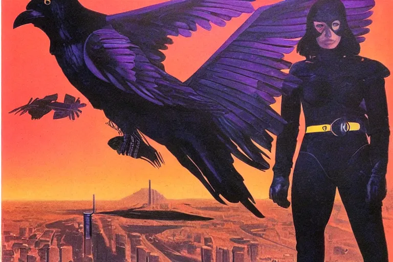 Image similar to 1979 OMNI Magazine Cover of a raven rogue. in cyberpunk style by Vincent Di Fate