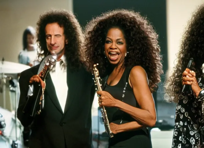 Image similar to film still of Kenny G and Oprah performing in the new Spinaltap movie, 4k