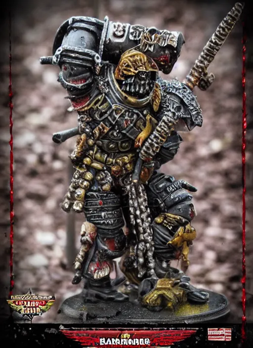 Image similar to 8 0 mm resin detailed miniature of a warhammer 4 0 k barbaric warror, bloody, chains, product introduction photos, 4 k, full body,