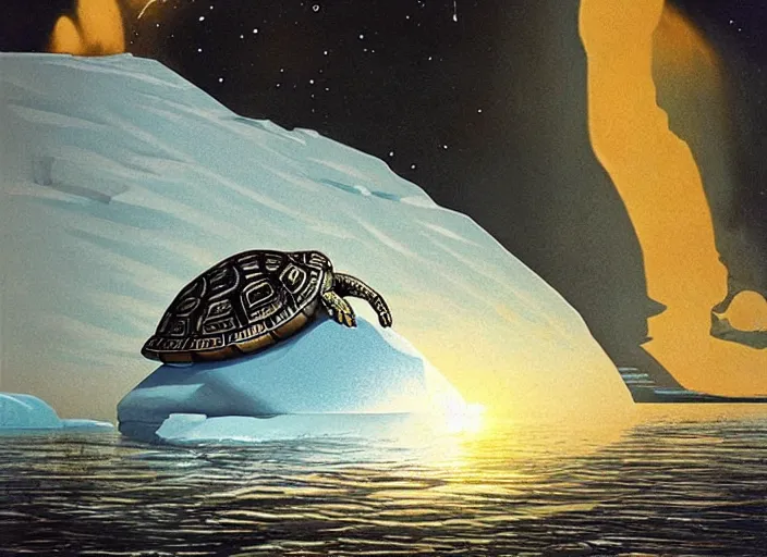 Prompt: a giant mega precious metals turtle egg sitting on an iceberg in Antarctica. -1 the night, cyberpunk art by Chesley Bonestell, cgsociety, retrofuturism, matte painting, reimagined by industrial light and magic