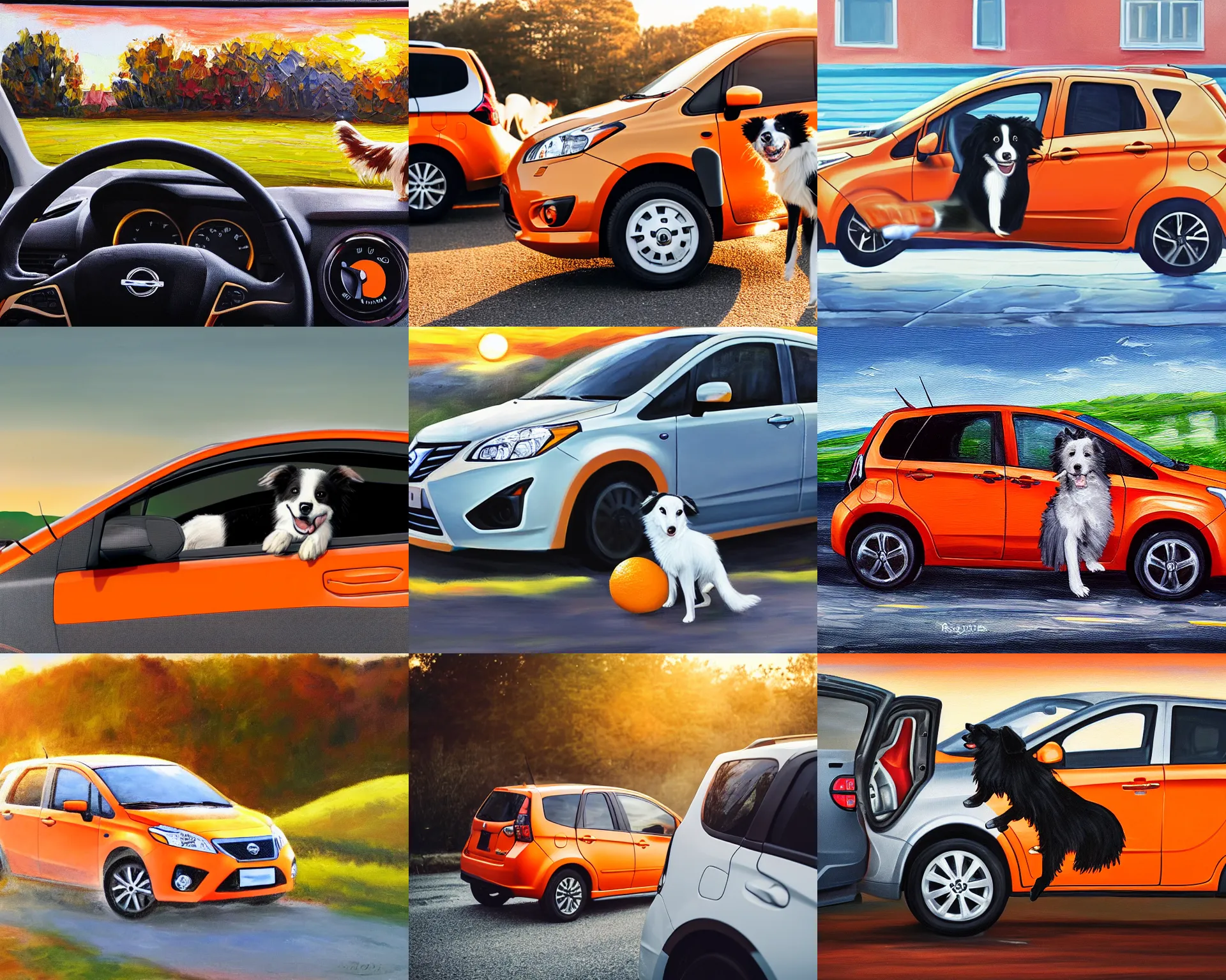 Prompt: border collie dog paws on wheel of orange nissan note, car moving fast, realistic painting, golden hour,