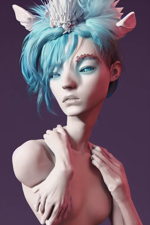 Image similar to an epic non - binary model, subject made of white melting porcelain, mesh headdress, with cerulean and pastel pink bubbles bursting out, delicate, beautiful, intricate, melting into eevee, houdini sidefx, by jeremy mann and ilya kuvshinov, jamie hewlett and ayami kojima, trending on artstation, bold 3 d