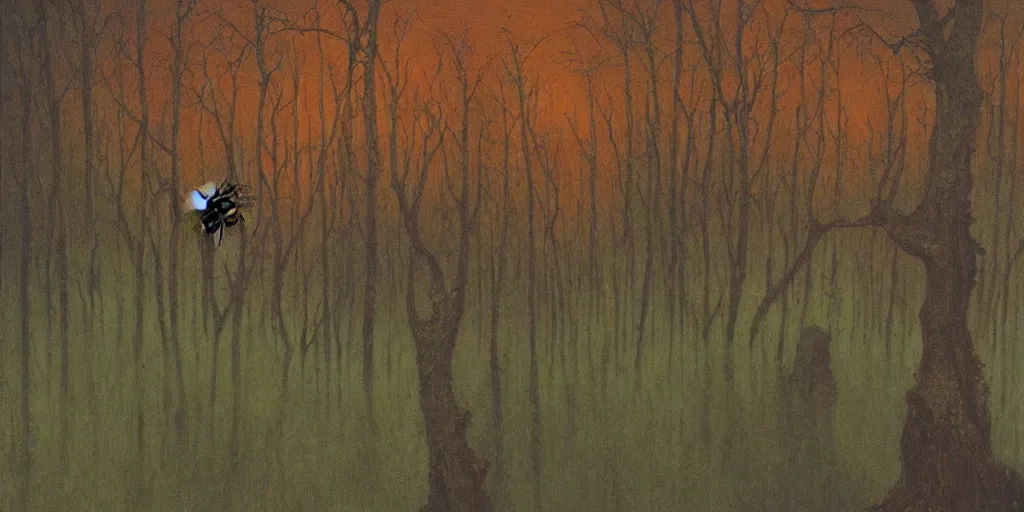 Image similar to painting in style of beksinski featuring a honey bee lost in the forest