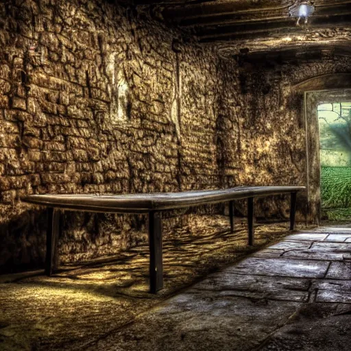 Image similar to you wake up on a cold bench, you look around. you find out that you are locked inside a musky cold abounded cellar with vines, moss and mushrooms growing around you, realistic, hdr, clear image, hdd, rtx on, dynamic lighting,