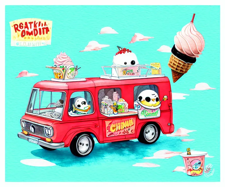 Image similar to cute and funny, penguin riding in a tiny ice cream truck, ratfink style by ed roth, centered award winning watercolor pen illustration, isometric illustration by chihiro iwasaki, edited by craola, tiny details by artgerm and watercolor girl, symmetrically isometrically centered