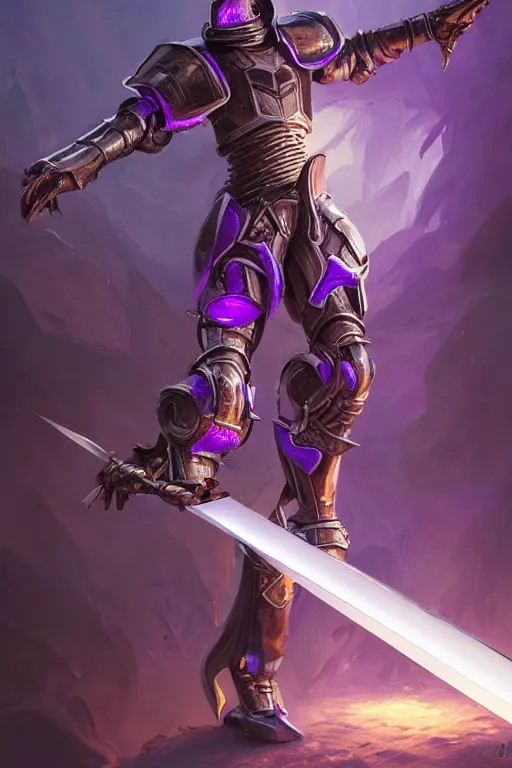 Prompt: fierce robot knight holdin magical sword, purple energy, highly detailed, d & d, fantasy, highly detailed, digital painting, trending on artstation, concept art, sharp focus, illustration, global illumination, ray tracing, realistic shaded, art by artgerm and greg rutkowski and fuji choko and viktoria gavrilenko and hoang lap