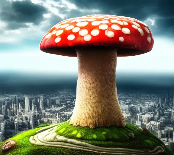 Prompt: a giant mushroom that has a city built from it and stretches above the clouds. highly detailed 8 k. intricate. lifelike. soft light. nikon d 8 5 0. cinematic post - processing