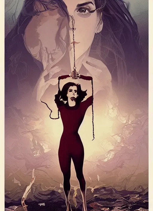 Image similar to poster artwork by Michael Whelan and Tomer Hanuka, Karol Bak of religious Emma Watson wearing cross necklace, on knees swinging all her might into the ground, from scene from Twin Peaks, clean