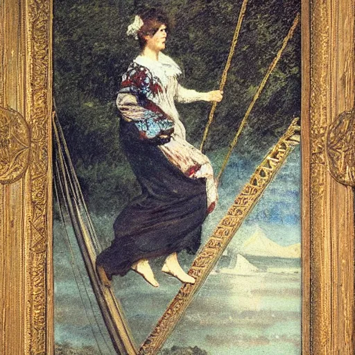 Image similar to woman traversing a suspension bridge by alfred stevens