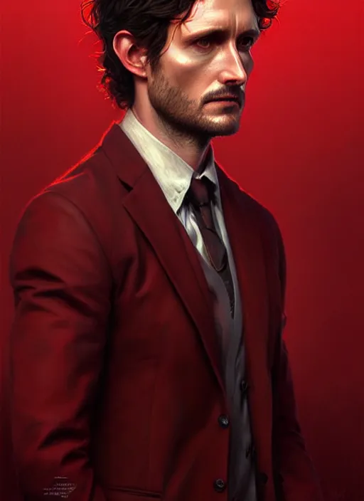 Image similar to ultra realistic illustration, handsome will graham. dark red, blood, intricate, highly detailed, digital painting, artstation, concept art, smooth, sharp focus, illustration, art by artgerm and greg rutkowski and alphonse mucha and wlop