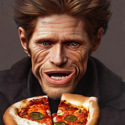 Image similar to ultra realistic illustration of willem dafoe eating pizza, intricate, highly detailed, digital painting, artstation, concept art, sharp focus, illustration, art by artgerm and greg rutkowski and alphonse mucha