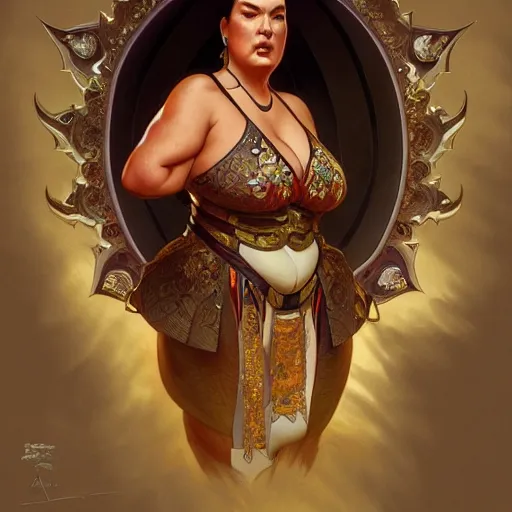 Image similar to Obese Steven Seagal, fantasy, intricate, elegant, highly detailed, digital painting, artstation, concept art, matte, sharp focus, illustration, art by Artgerm and Greg Rutkowski and Alphonse Mucha