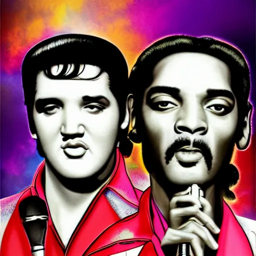 Image similar to elvis presley and snoop dog singing a duet one microphone, in las vegas, detailed, beautiful, colorful, promotional poster, digital art