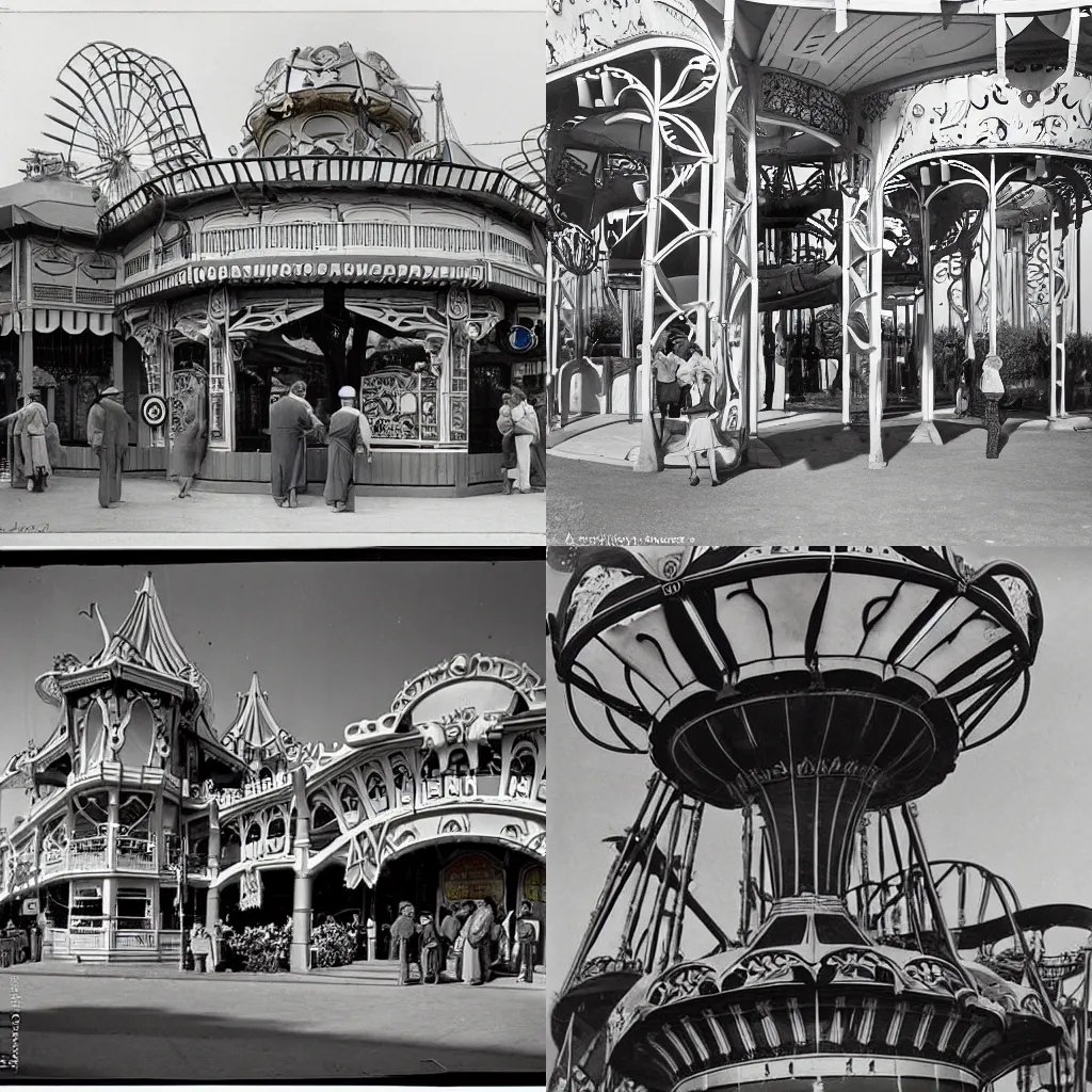 Prompt: photograph amusement park in 1925 art nouveau architecture