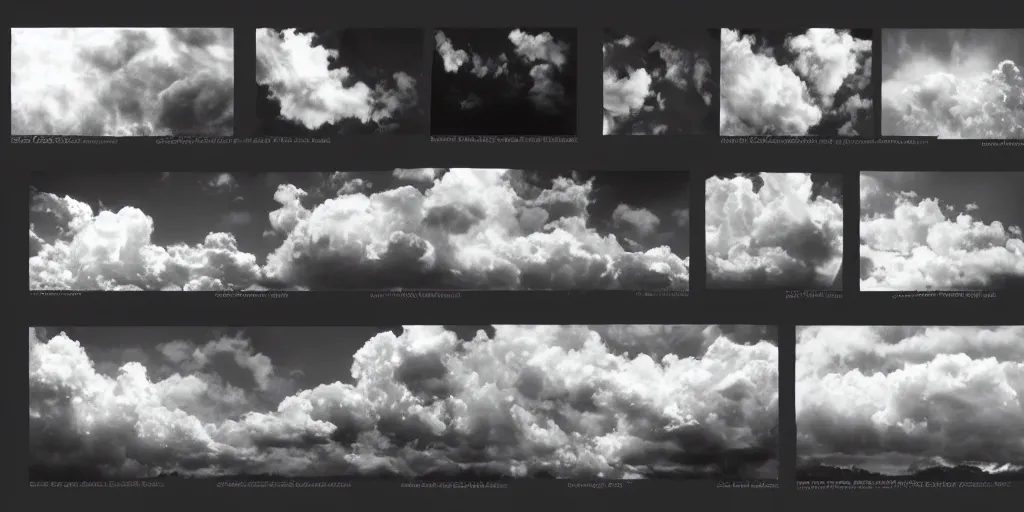 Prompt: full page scan catalogue of clouds on black background, matte painting