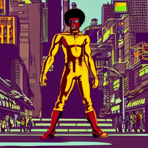 Image similar to afrofuturist man with short hair in a crowded busy street wearing gold jewelry, simple, cyberpunk, far shot, full body shot, 1970s X-Men art style