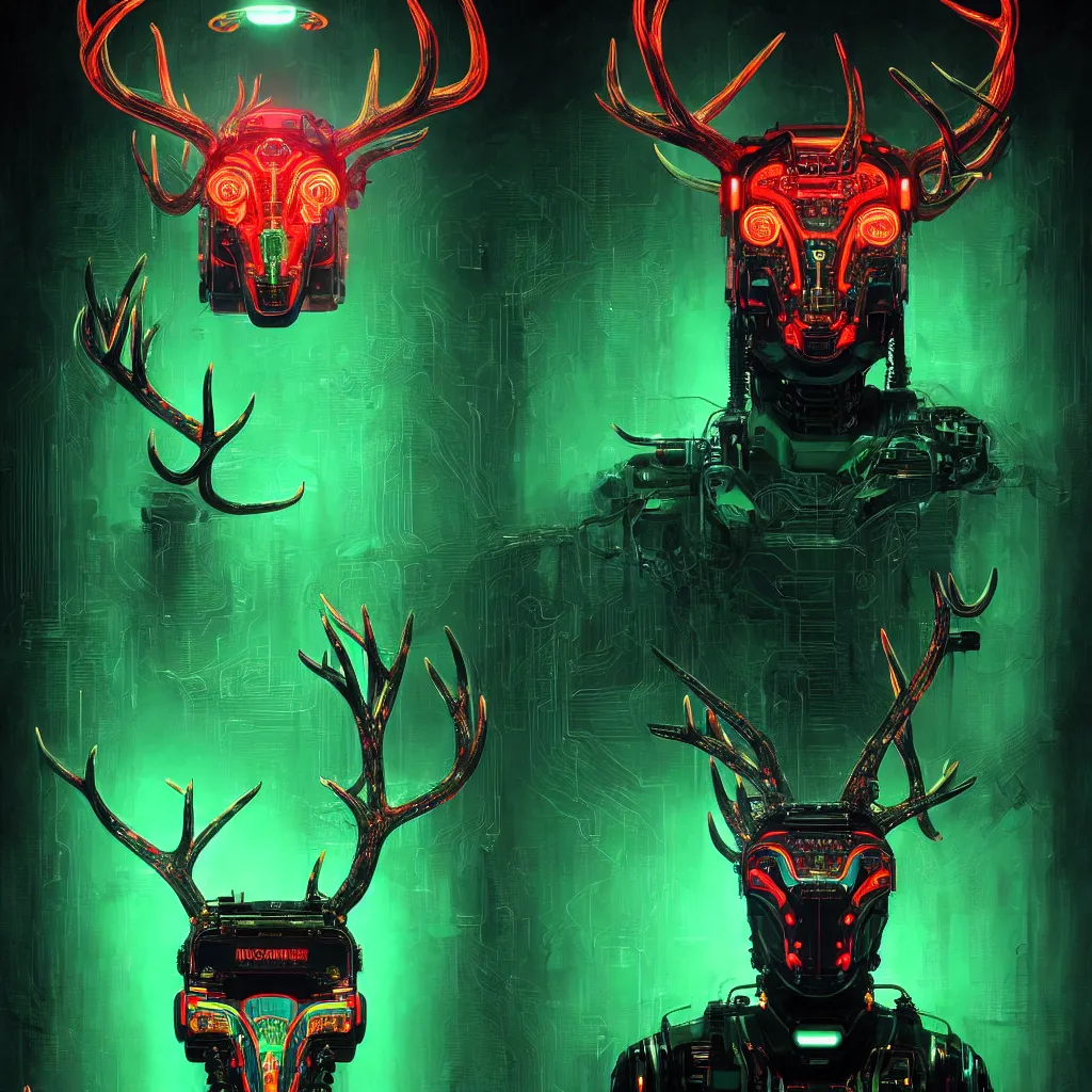 Image similar to poster style, a beautiful and terrifying painting with high details a digital portrait of cyber god of hunting with robotic deer head in style of green neon, cyber noir, movie atmosphere, movie lights, 8 k, light effect, rtx on, trending on artstation, by kilian eng, lee madgwick, bastien lecouffe - deharme