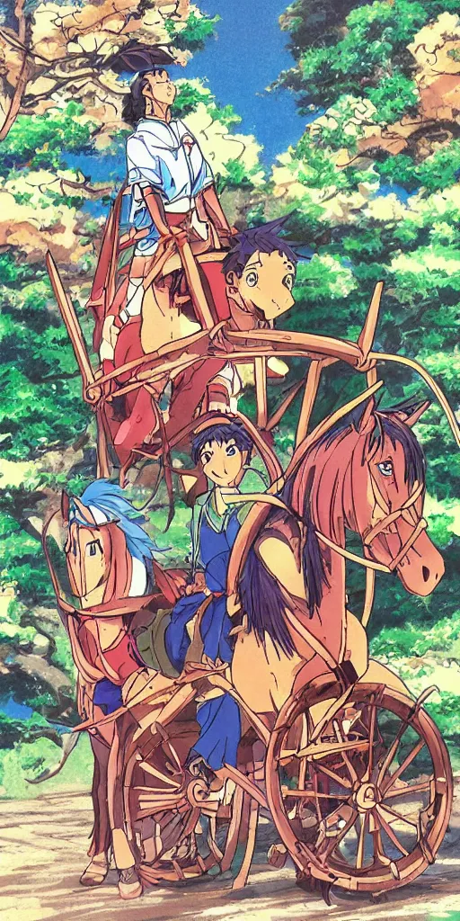 Image similar to a chariot drawn by horse in japan, 1990s anime, full color,