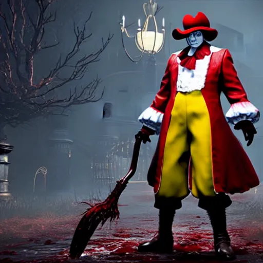 Image similar to Screenshot of Ronald McDonald in the game Bloodborne, highly detailed