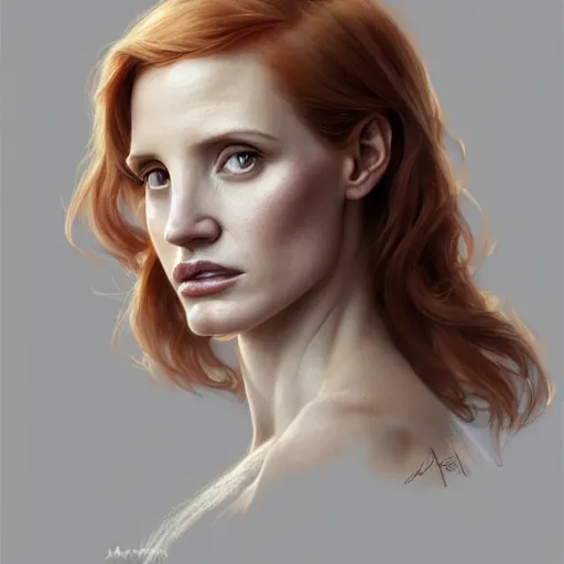 Prompt: beautiful natural Jessica Chastain, intricate, elegant, highly detailed, digital painting, artstation, concept art, smooth, sharp focus, illustration, art by artgerm and greg rutkowski and alphonse mucha and loish and WLOP