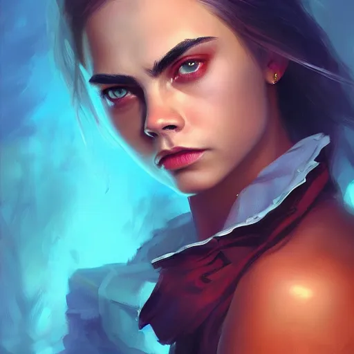 Image similar to cara delevingne, colorful oil painting by greg rutkowski, charlie bowater, yuumei, yanjun cheng, unreal 5, daz, hyperrealistic, octane render, rpg portrait, dynamic lighting, fantasy art, beautiful face