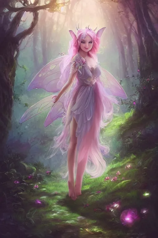 Image similar to a cute fairy in the dreamy forest, fantasy, 8 k resolution, hyper detailed, d & d, character design, digital painting, trending on artstation, sharp focus, illustration, art by artgerm, steve zheng, fuji choko, viktoria gavrilenko, hoang lap