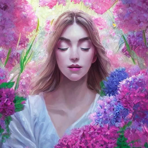 Prompt: a beautiful elegant flower princess wearing white robes floating in the air surrounded by pink - blue - white hydrangeas, portrait, oil pastels, perfect face, eyes closed in a peaceful facial expression, white mood lighting, volumetric light, character concept art, digital art, trending on artstation