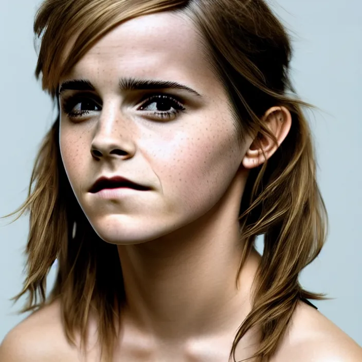 Image similar to emma watson, left shoulder towards the camera 9 0 degrees. portrait by martin schoeller. detailed, 4 k, morning hour.
