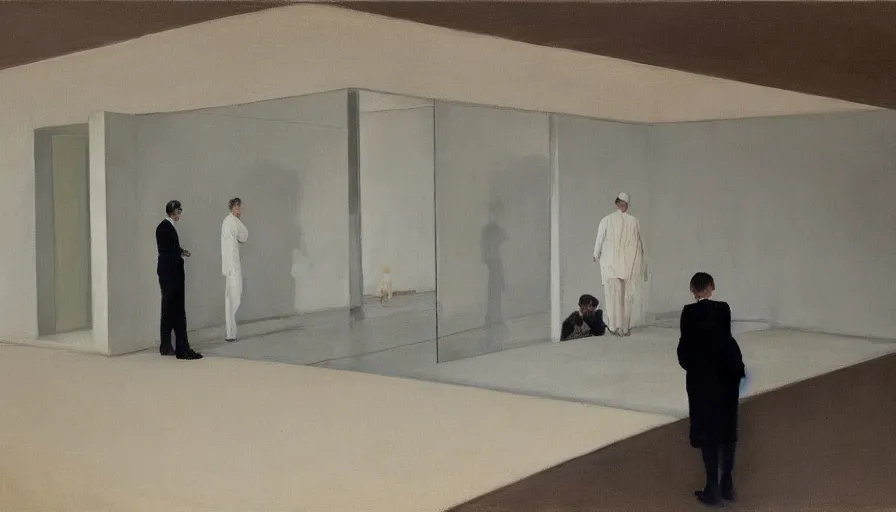 Image similar to painting by borremans, barcelona pavilion, detailed, stunning