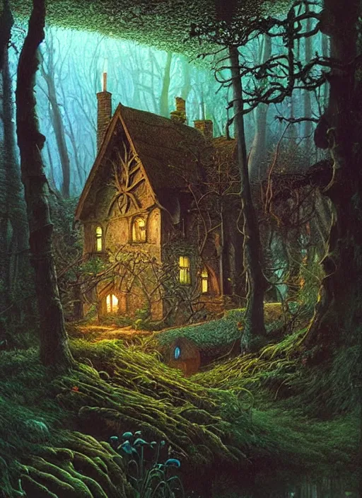 Image similar to hyper realistic witch cottage with mood lighting and technology in the woods gorgeous lighting, sunbeams blue sky, highly detailed, lush forest foliage painting by zdzisław beksinski and norman rockwell and greg rutkowski weta studio, and lucasfilm