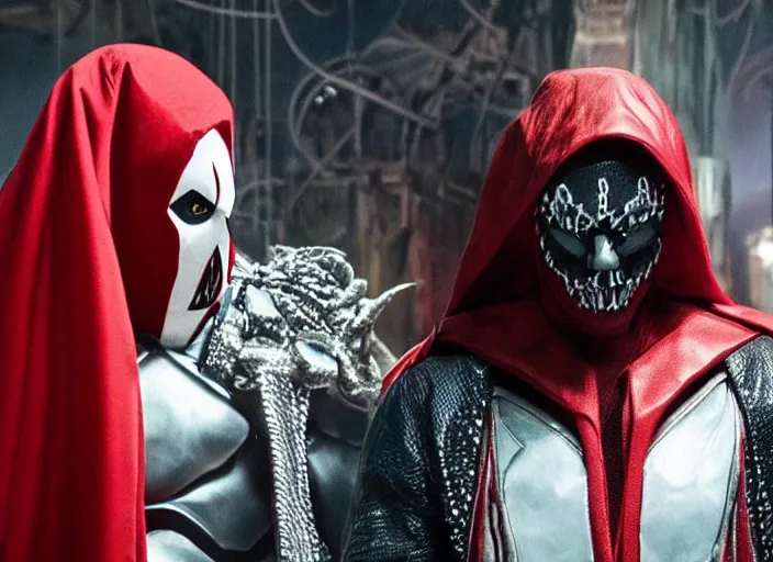 Image similar to film still of jamie foxx as spawn in the new spawn movie, giant chains, large cape, 8 k