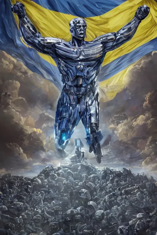 Image similar to a full body shot from distance of a super soldier with a Ukrainian blue and yellow stripes flag standing in the beam of light from the clouds on a pile of skulls and rotten cars as a winner, masculine figure, D&D, fantasy, intricate, elegant, highly detailed, digital painting, artstation, concept art, matte, sharp focus, symmetrical, illustration, hyperrealistic, art by Artgerm and Greg Rutkowski and Alphonse Mucha