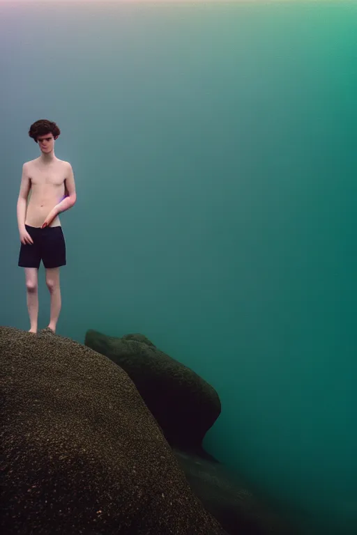 Image similar to high quality pastel coloured film mid angle docu photograph of a beautiful young 2 0 year old male, soft features, short black hair, swimming in an icelandic black rock pool environment. atmospheric. three point light. photographic. art directed. ( pastel colours ). volumetric light. clearcoat. waves glitch. 8 k. filmic.