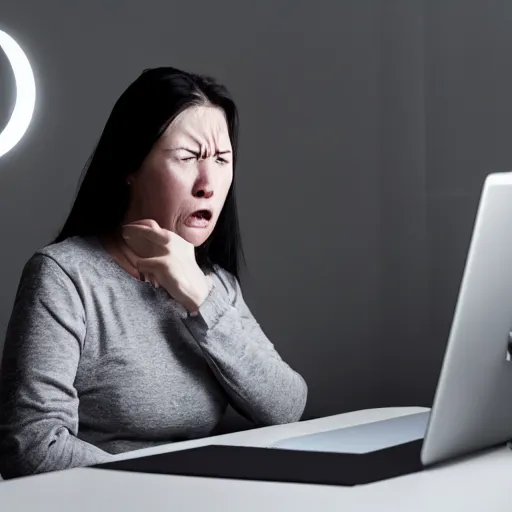Image similar to angry woman looking at monitor typing on keyboard photo dramatic lighting from behind