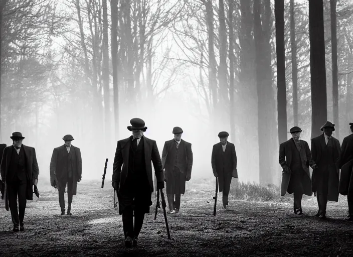 Prompt: an an scene from peaky blinders, medium long shot, filmed in the dark woods, guns fired, leonardo dicaprio and daniel day - lewis, faces covered in shadows, detailed and symmetric faces, black and white, cinematic, epic,