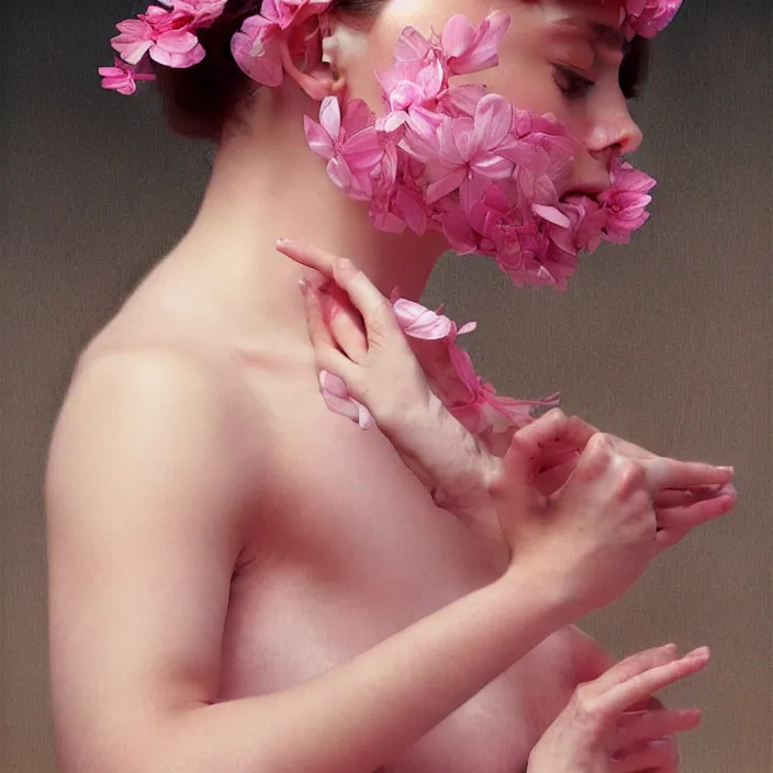 Prompt: pink petals with a shape of a human body, intricate, elegant, highly detailed, wonderful eyes, sweet, digital painting, artstation, concept art, smooth, sharp focus, illustration, art by artgerm and greg rutkowski and alphonse mucha and william - adolphe bouguereau