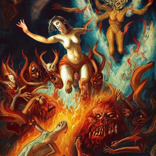 Image similar to painting of a woman falling into hell with a bunch of demons around her