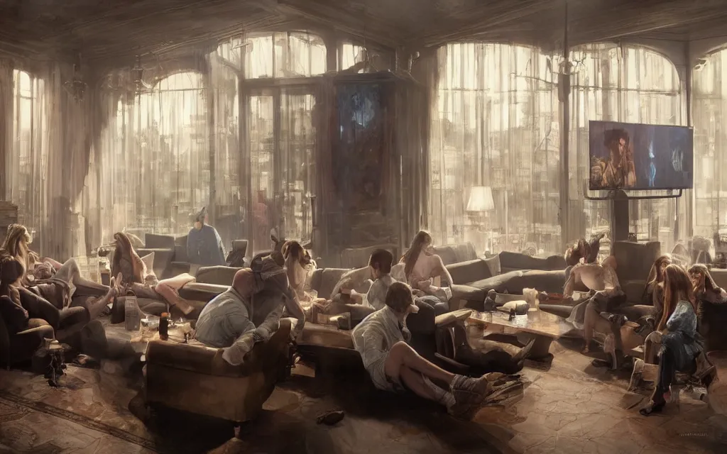 Image similar to epic masterpiece of cinematographic hyperrealism where a lot of people communicating with each other in a large lounge. realistic shaded lighting poster by craig mallismo, artgerm, jeremy lipkin and michael garmash, unreal engine, radiant light, detailed and intricate environment, digital art, art station trends