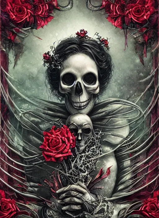 Prompt: the knave of hearts, death tarot card, highly detailed, half skull face, cinematic, 8 k, by megan duncanson, benjamin lacombe, adrian borda, stanley artgermm, tom bagshaw, craig mullins, carne griffiths, ayami kojima, beksinski, giger, trending on deviantart, hyper detailed, horror, full of colour