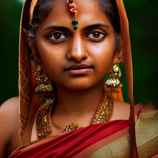 Prompt: extreme close - up shot, studio photographic portrait of beautiful indian girl in sari, brown reddish hair, eyes with crystal teal pupils, haunting, looking at viewer, dynamic lighting, random outdoor wallpaper background, photorealistic, highly detailed, glamor pose, face symmetry, symmetry, 2 5 mm
