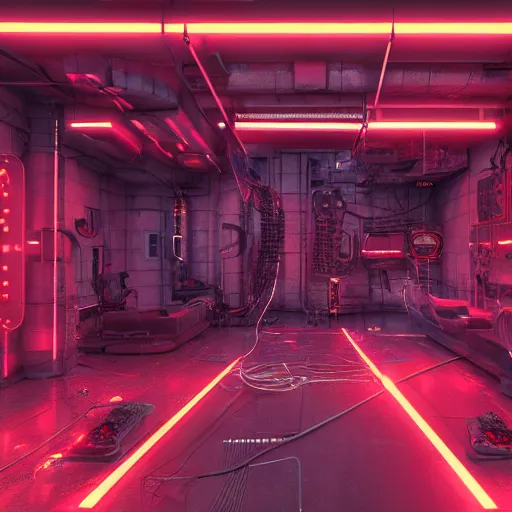 Prompt: cyberpunk skull machine, wires cables, red lights, octane render vray raytracing, photoreal