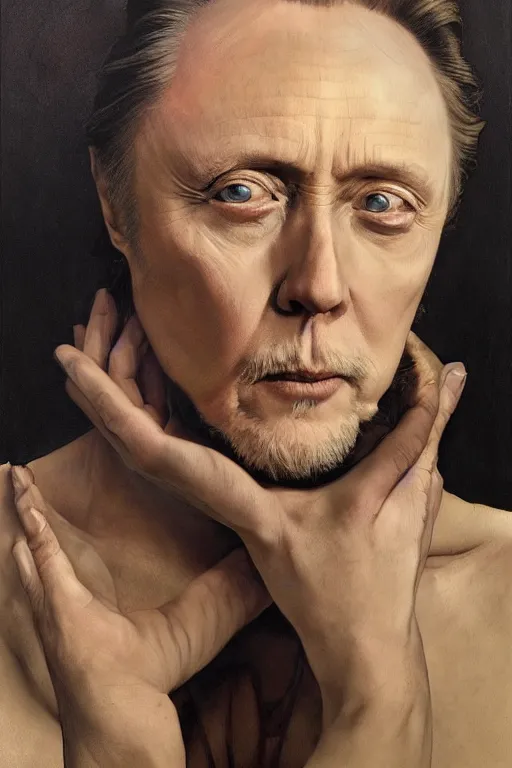 Image similar to portrait of christopher walken with an face tattoo, masterpiece painting by artgerm and greg rutkowski and alphonse mucha and android jones