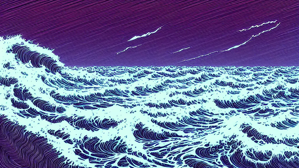 Prompt: highly detailed and colorful illustration of high exposure ocean waves at night by makoto shinkai, by moebius, by aaron horkey, by nico delort, by dan mumford, by otomo, kodachrome, 4 k resolution