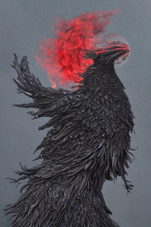 Prompt: Intricate stunning highly detailed surreal raven with red eyes by agostino arrivabene and Seb McKinnon, sculpture, ultra realistic, Horror vacui, full moon, thick swirling smoke tornado, fire embers, trending on artstation