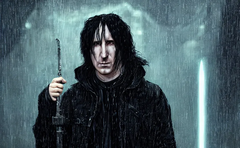 Image similar to an epic fantasy comic book style portrait painting of very beautiful imposing industrial goth trent reznor as snape with wet hair in the rain, neon reflections, character design by mark ryden and pixar and hayao miyazaki, unreal 5, daz, hyperrealistic, octane render, cosplay, rpg portrait, dynamic lighting, intricate detail, cinematic